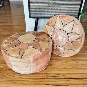 Moroccan Patchwork Embossed Leather Hassock Ottoman Footstool Pouf